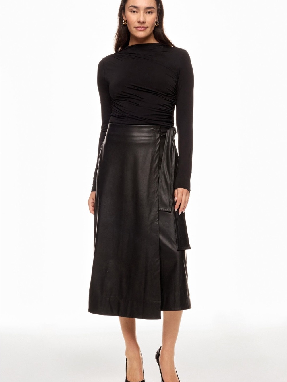 Black Faux Leather Wrap Midi Skirt - Women's